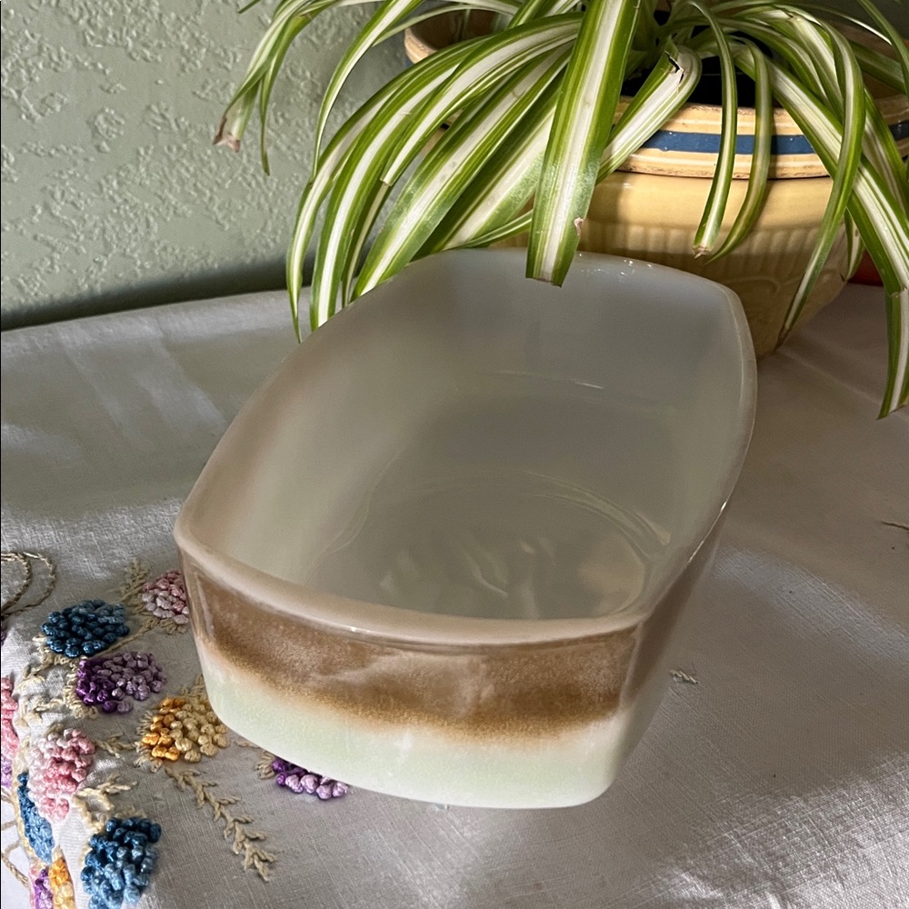 Vintage Federal Glass Iridescent Moss Green Brown Bread Loaf Pan 10”